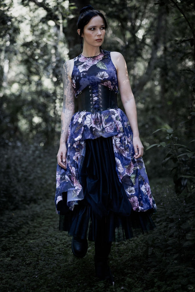 Gothic floral swoop dress with hidden spider artwork woven through moody blooms and dark botanical details. This whimsigoth mesh dress blends dark fairycore, cottage witch and gothic fashion aesthetics with a floaty layered skirt and dramatic dipped hems.