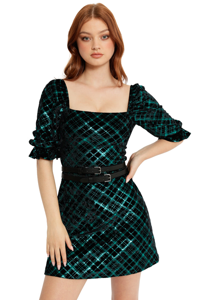 christmas outfit short green foil dress women’s holiday fashion