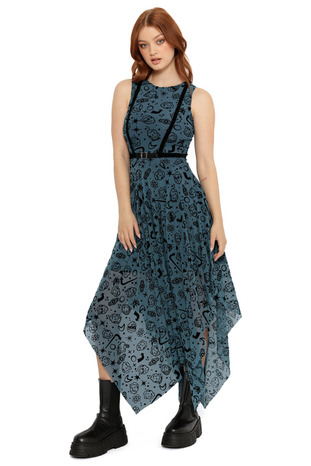 Fallout x BlackMilk asymmetrical handkerchief hem dress with Vault Boy pattern and black strap detailing.