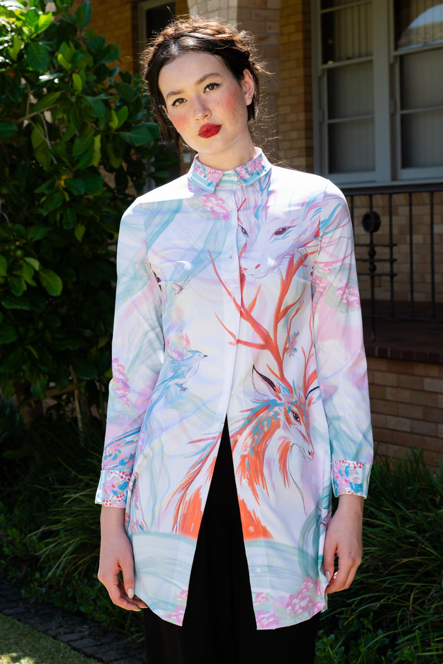 Garden of the Shenshou Long Sleeve Business Time Dress front close view showing printed shirt dress with long sleeves, collar neckline and pastel mythical creature artwork
