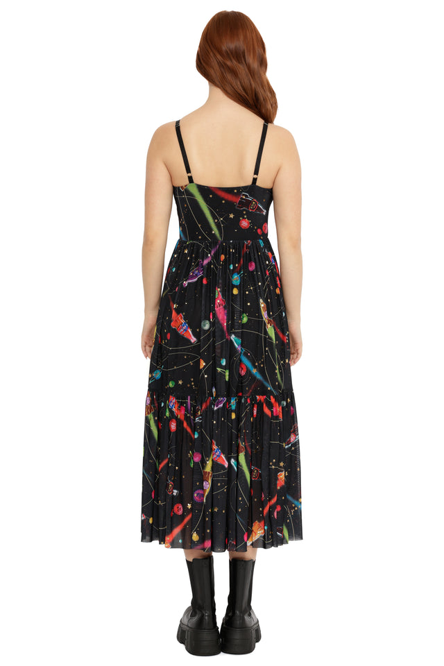 Fallout x BlackMilk sheer midaxi dress with colourful Nuka-Cola space print inspired by vintage Fallout ads.
