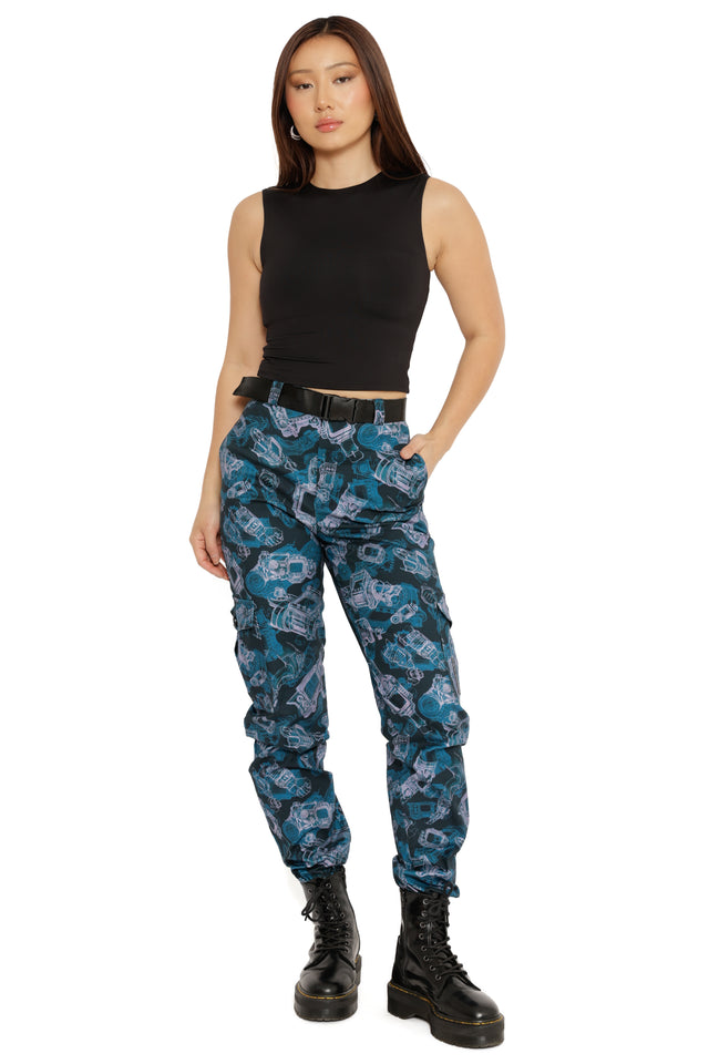 Teal and navy Fallout x BlackMilk Pip-Boy Schematics Cargo Pants featuring blueprint-style Fallout designs.