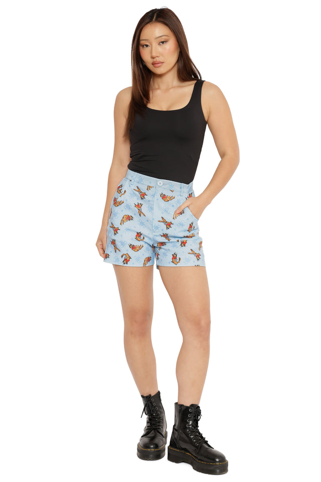 Fallout x BlackMilk Dogmeat print shorts inspired by Fallout Red Rocket Station with repeating Fallout logo details.
