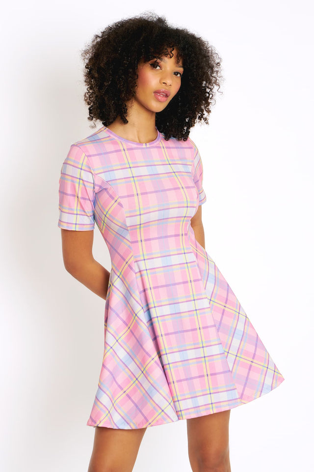 BlackMilk Tartan Candy Evil Tee Dress in pastel tartan print, mini skater dress with crew neck and short sleeves, soft stretchy Tee fabric